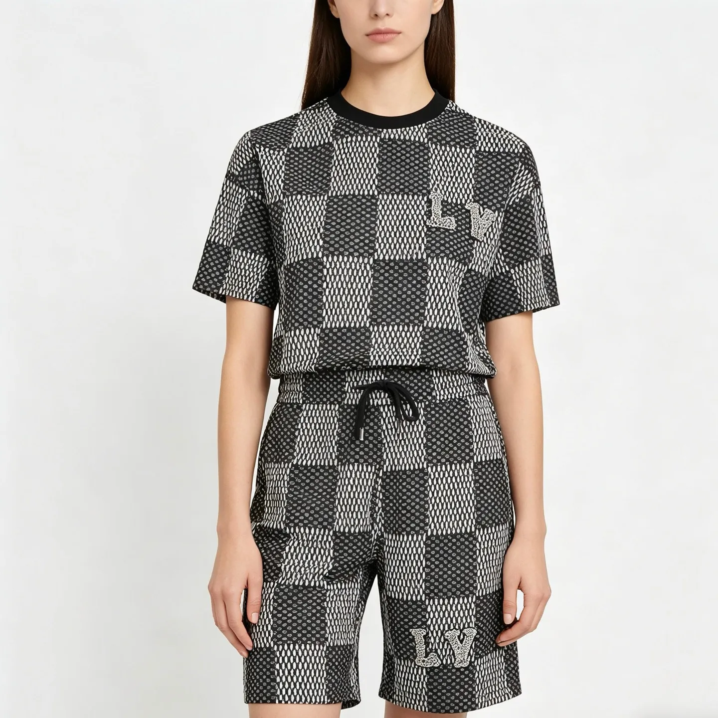 Louis Vuitton/Louis Vuitton rhinestone letter logo checkerboard shorts